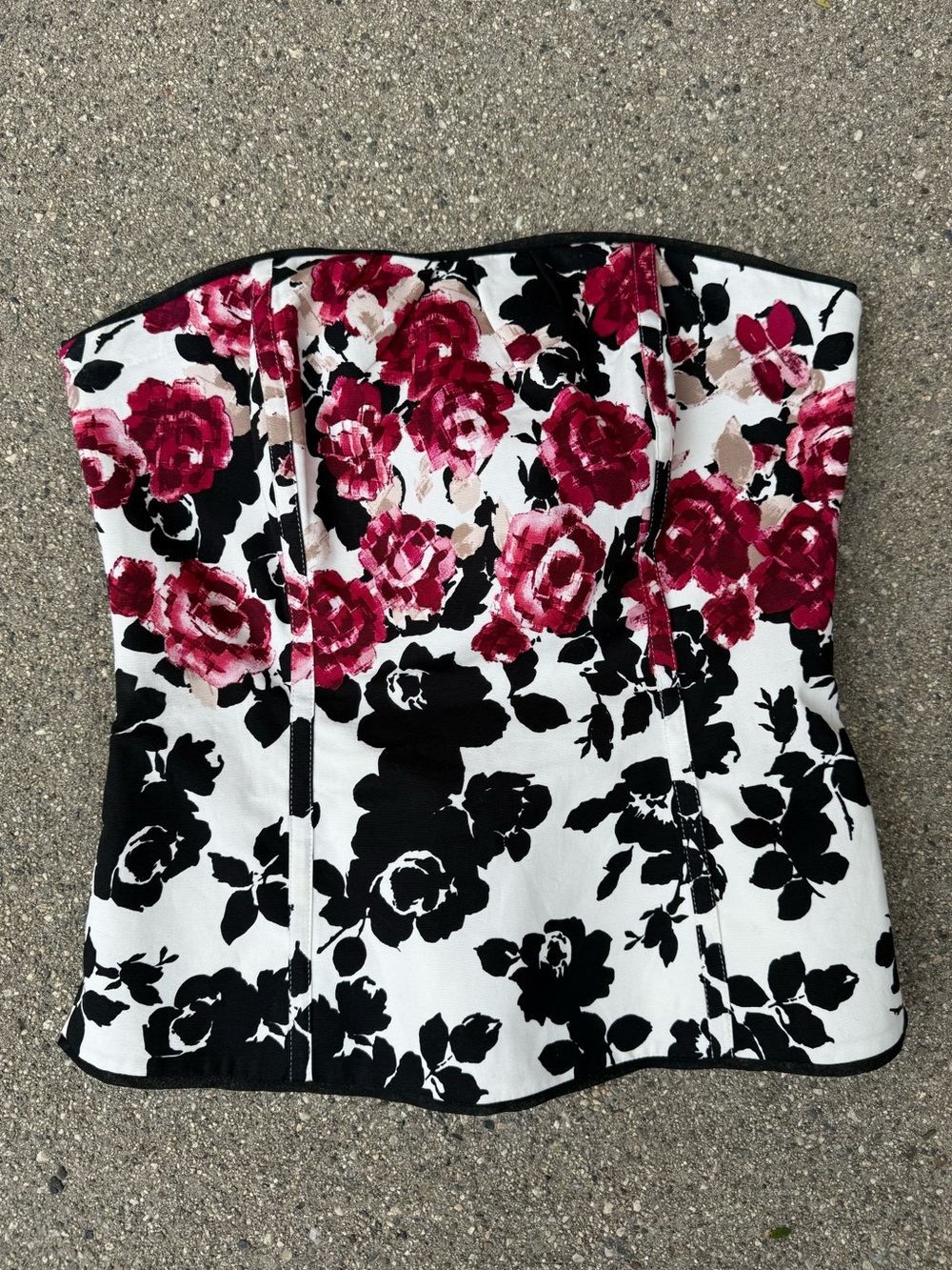 White Black House Market Floral Strapless Corset Top - White, Black & Burgundy